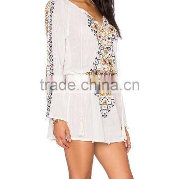 Boho Clothing Embroidered Cotton Mini Dress With Pom Pom Fringe 2016 HSD5810 photo-4