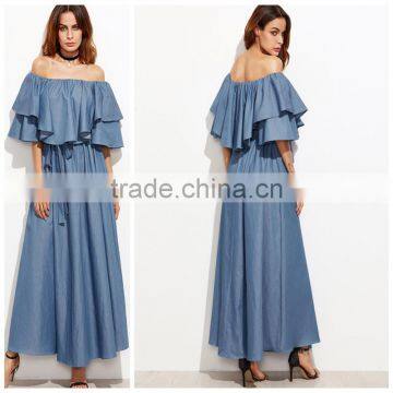 Ladies Ruffled Neck Off The Shoulder Short Sleeve Blue Color Tie Waist Long Maxi Denim Dress