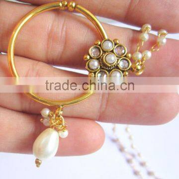 HOOP NATH Press NOSE RING GOLD PLATED POLKI PEARL photo-2