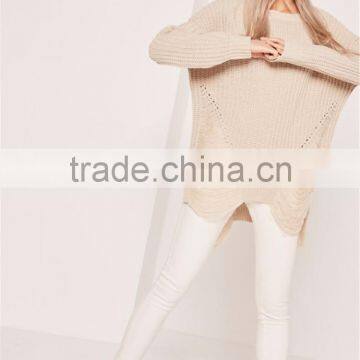Custom Made Women Longline Oversized Knitwear Private Label Own Branding Sweater Distressed Off Shoulder Jumper Cream photo-6