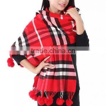 best-selling pom pom maxi big long faux rabbit fur tartan plaid scarf