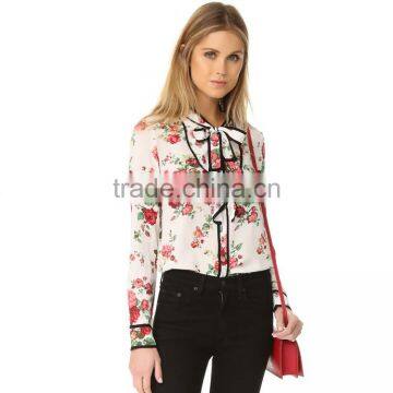 2017 Latest Long Sleeve Spring Fashion Ladies Floral Tie Neck Blouse photo-6