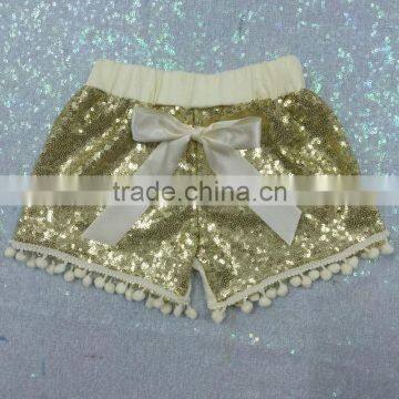 Girls gold sequin shorts gold pom pom shorts for baby girls in summer2016