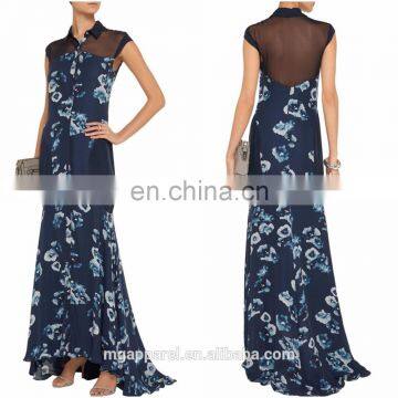 Latest fashion dress design cap sleeve printed silk crepe and chiffon evening gown for ladies