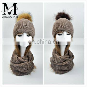 Wholesale Knitted Scarf Women Raccoon Fur Ball Winter Hat All in One Hat and Scarf photo-2