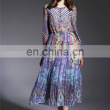 High Qualtiy Fashion Colorful Digital Printed 100% Silk Chiffon Long Sleeves Ladiyes Round Neck Maxi Dress photo-2