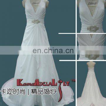 EB959 Chiffon brace V-neck one piece dress with trail chiffon wedding dress