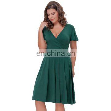 Hanna Nikole Dark Green Short Sleeve V-Neck Plus Size Bridesmaid Swing Summer Dress HN0017-3