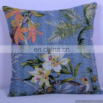 Indian Cotton Grey Floral Kantha Handmade Cushion Cover Kantha Hand Stitched Kantha Cushion Cover Decorative Throw Pillow Cover