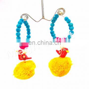 Designer Bird Style Pom Pom Earrings - Colorful BOHO Earrings-Wooden Fashion Wear Banjara Bohemian Earring-2017 pom pom Earrings