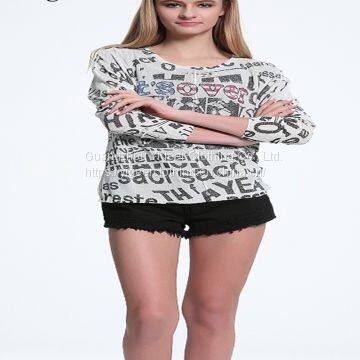 Long Sleeve Printed Word Round Neck Knitted Top Shirt