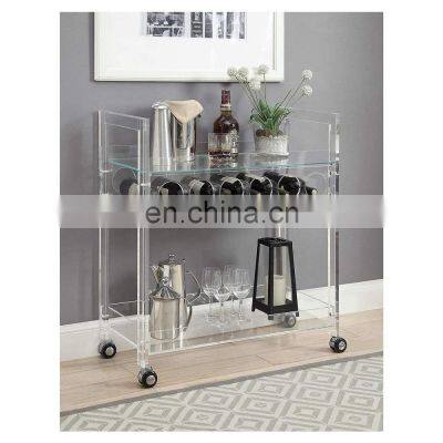 Custom Serving Cart With Two Shelves And Wine Bottle Rack Clear Acrylic Trolley Cart