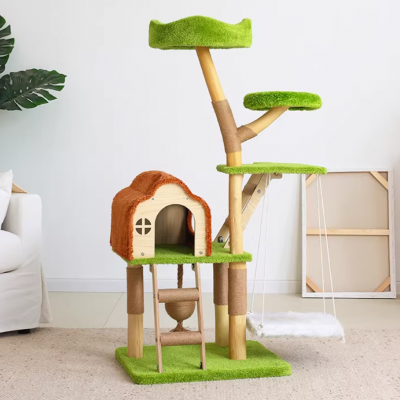 Natural Wood Cat Tree With Sisal Scratching Posts and Hanging Swing for Pet Comfort