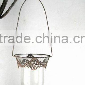 hanging engraved metal and glass candle holder