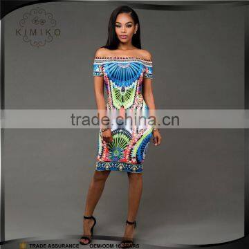 Vintage Off Shoulder Traditional African Printed Dashiki Bodycon Mini Dress