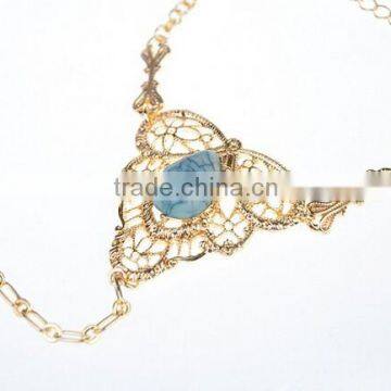 Womens Gold Slave Chain Finger Ring Bangle Hand Harness Bracelet Turquoise Beads photo-3