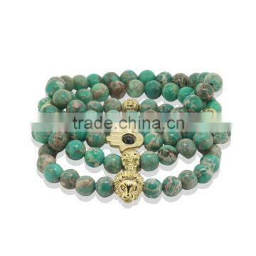 KJL-ST0028 real 24K gold 8mm skull head Natural Bian Stone Bracelet For Men&Women green agate Jade 8mm beads Bracelet