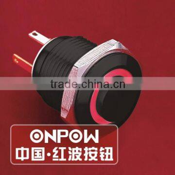 ONPOW 16mm High round cap ring illuminated black aluminium push button switch with long pins (GQ16H-10E/JL/R/1.8V/A) CE, RoHS