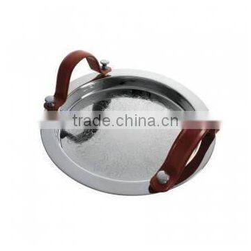 round metal tray with leather handle