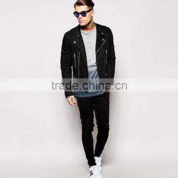 Black Plain Fashion Cool Denim Jacket Mens With Multi Zippers photo-4