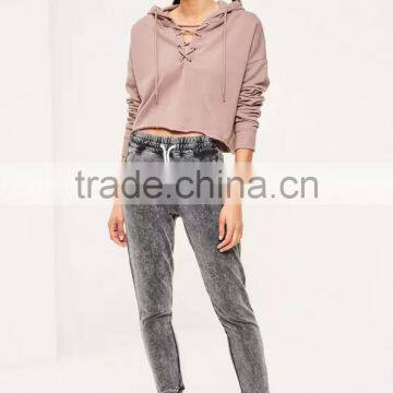 Purple Lace Up Cropped Hoodie With Gym Leggings Custom Plain Lazy Days Lovely Hoodie Raw Hem Vintage Style photo-5