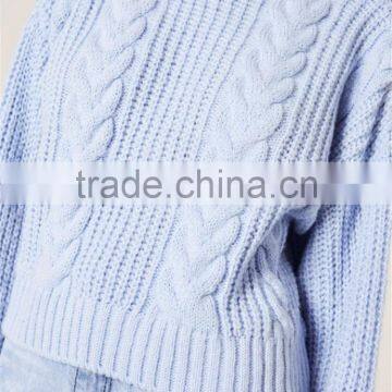 MGOO Women Plain Blue Cable Knit Slouchy Jumper With Drop Shouder Crop Knitwear Sweater photo-5