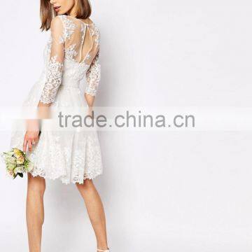 MGOO Design Long Sleeve Lace Mini Dress Bridal Grown With Floral Pattern Pure White Beach Wedding photo-3