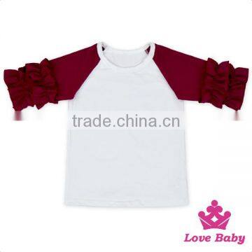 High Quality Raglan Sleeve Soft Cotton White Tops Fabric With Ruffle Green Sleeves Kids Girls Clothing photo-3