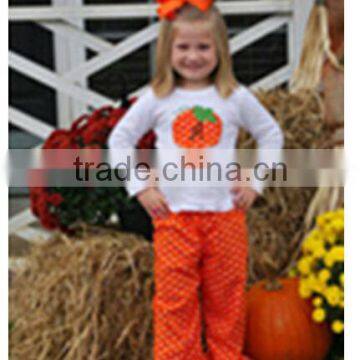 Polka dot Halloween children coutique clothing white Pumpkin shirt Orange ruffle pants set toddler girls fall clothes design