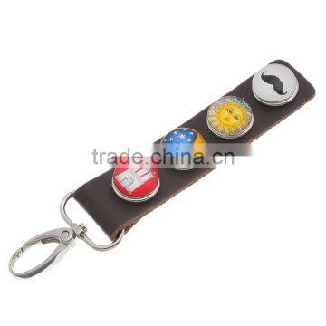 Rectangle Real Leather Glass Snap Button Key Chain W/Lobster Clasp