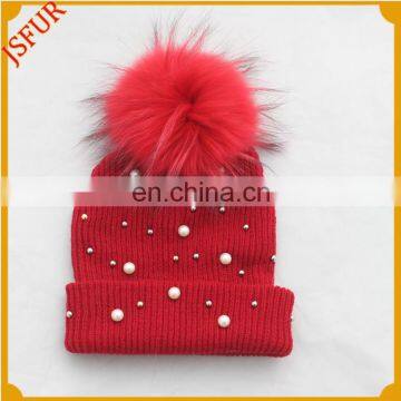 Normal Fur Knit Ski Cap Bobble Hat Teenagers Knitted Beanie Winter Hats With Top Ball