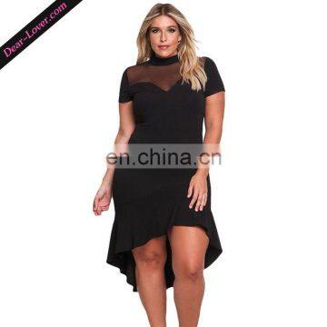 Wholesale New Mesh Insert Ruffled Hi-low Hem Plus Size Dress