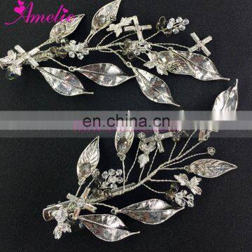 Antique Silver Retro Handmade Side Clip Metal Leaves &Crystal Vintage Hair Clip Bride Hair Decoration Wedding Accessories