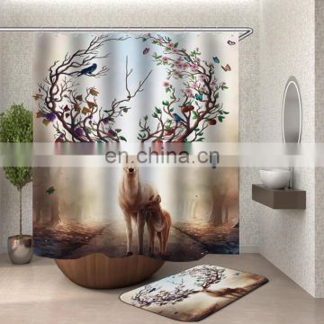 i@home eco friendly tree deer mouldproof animal polyester shower curtain and rug set print