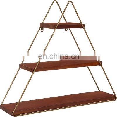 Walnut Brown Tilde Small Three metal Tiered Triangle Floating Metal Wall Shelf with wood panel