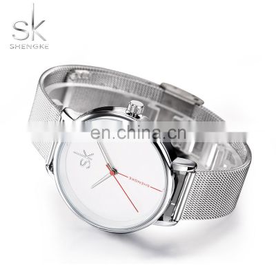 SHENGKE Steel Mesh Band Watch K0050L Soft Wear Office Lady Quartz Watches Sliver Simple Design Girls Watch