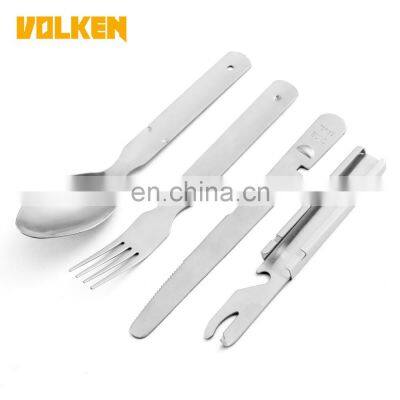 High Quality Outdoor Stainless Steel Camping Tableware 4 in 1 Portable Bottle Opener with Knife, Fork and Spoon