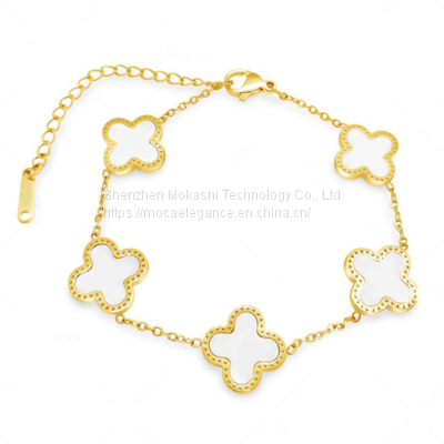Fashion Jewelry Lucky High Quality Shell 18k Gold Plated Four Leaf Clover Bracelet photo-5