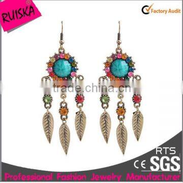 Classic Design Earrings Vintage With Colourful Crystal Rhinestone Three Alloy Leaf