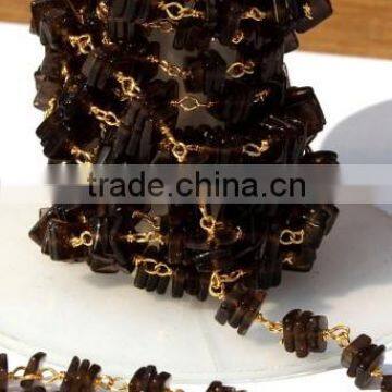 10 Feet Square Heishi Cut Smoky Quartz Rosary Style Beaded Chain, Gold Plated Wire Wrapped Chain, Handmade Beaded Chain
