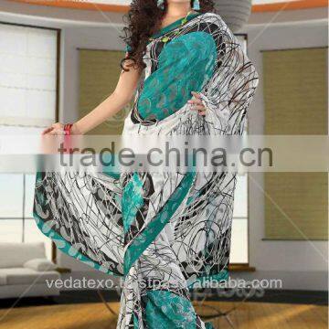 White and black Printed Saree