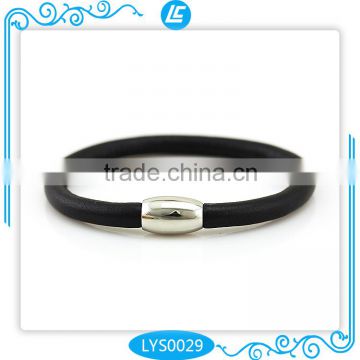 Black Round Sheep Skin Leather Bracelet with Magnetic Stainless Steel Clasp