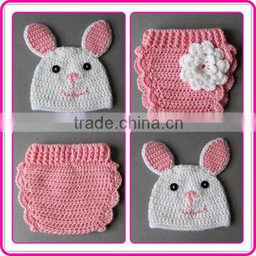 wholesale crochet bunny beanie hat with animal ear and diaper cover with crochet flower outfit set newborn photo props for girl