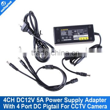 4CH DC 12V 5A CCTV Power Supply for Camera 4 Port DC+Pigtail Coat DC Adapter