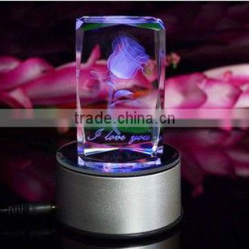 beautiful 3D laser crystal rose cube with LED light,crystal souvenir