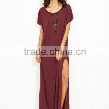 Burgundy Side Slit Loose Fit Tee Maxi Dress for Woman