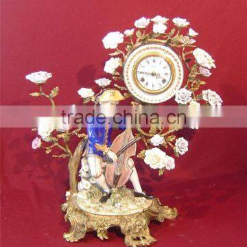 Ancient Collectable Antique Brass and Ceramic Table Clock, Decorative Lady Dancing Under Flower Tree Desk Clock photo-2