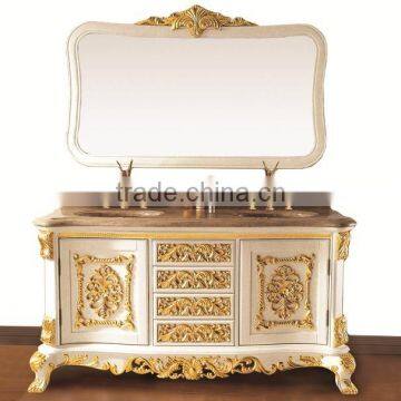 Antique European Designed White and Gold Solid Wood Bathroom Cabinet with Double Sinks and Framed Mirror BF12-05164a