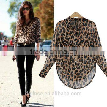 The spring autumn ladies shirt leisure long sleeve blouse leopard grain cheetah print loose joker chiffon blouse for women