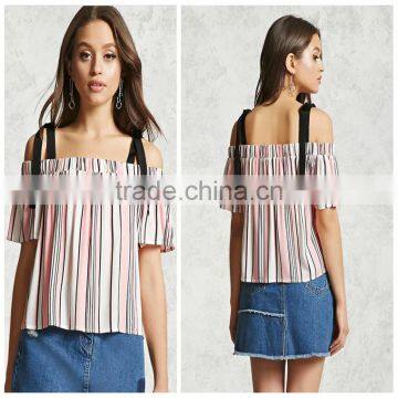 Woman Short Sleeve Open Shoulder Ribbon Shoulder Straps Striped Top